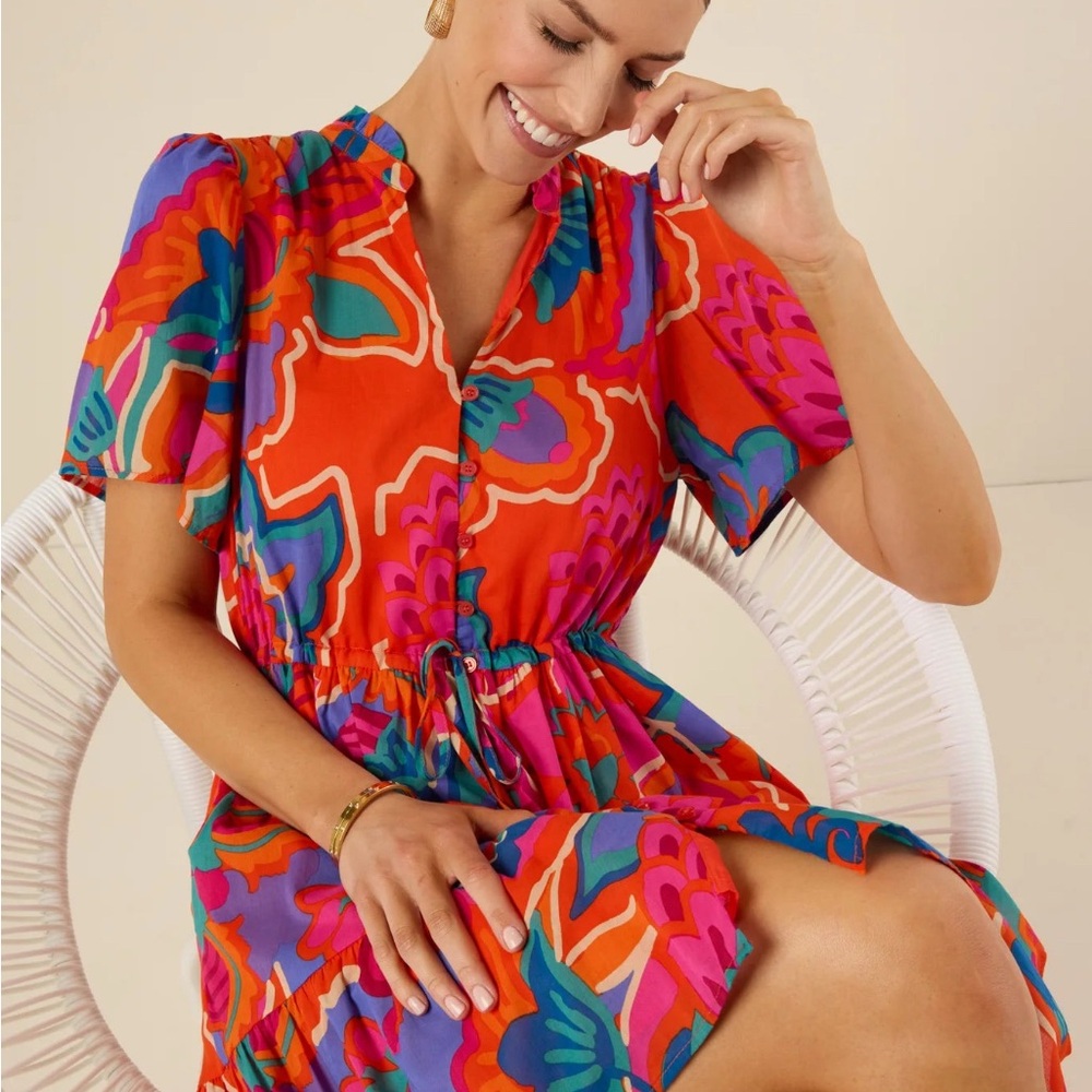 Vibrant Red Floral-Print Midi Dress with Drawstring Waist